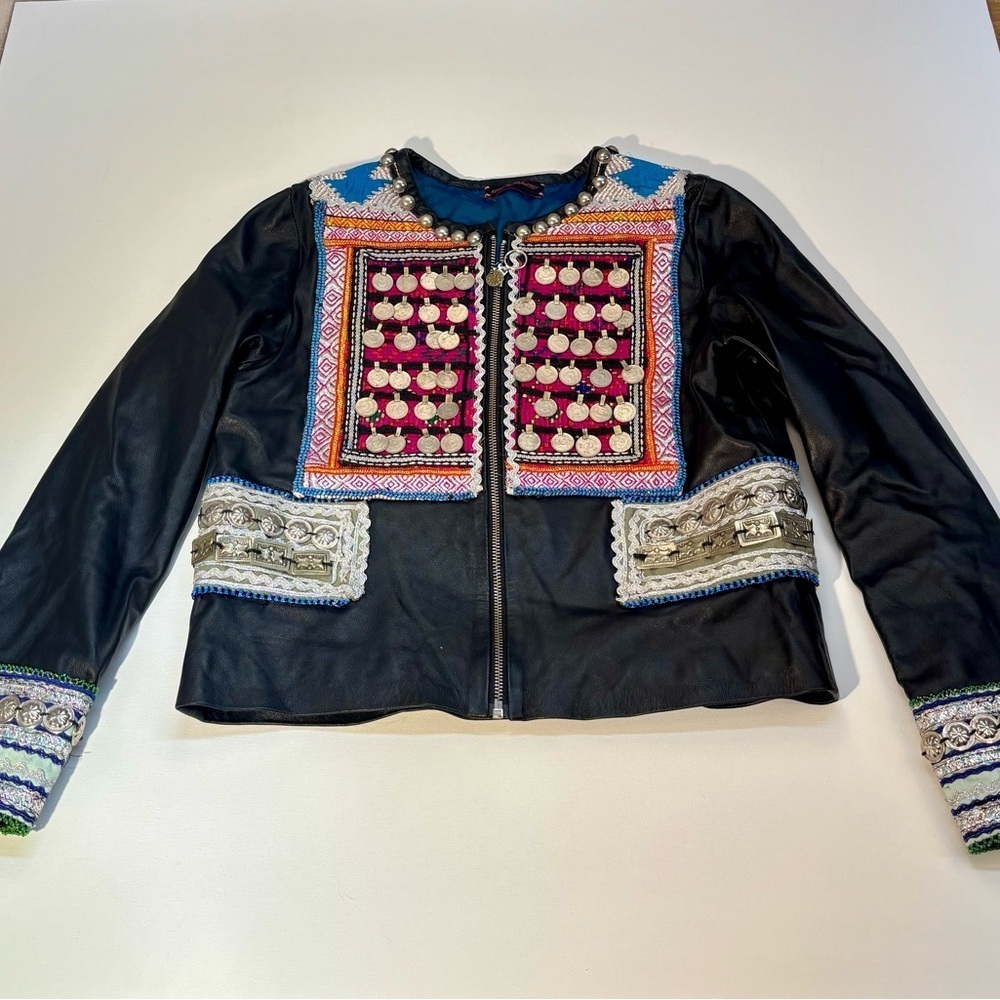 teté by Odette Embellished Leather Jacket Vintage Hmong Tribal OOAK Boho - Picture 14 of 16